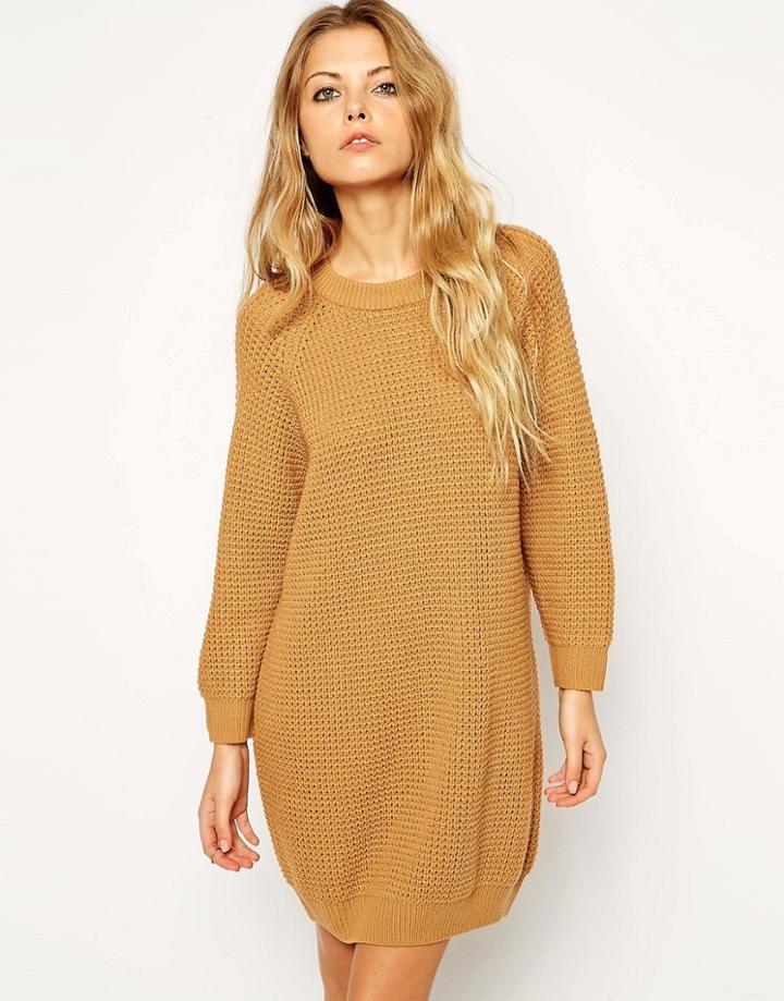 Asos Knitted Dress With Raglan Sleeve - Camel