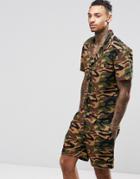 Asos Short Boiler Suit In All Over Camo - Khaki