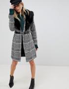 Parisian Belted Longline Check Coat With Faux Fur Collar - Black
