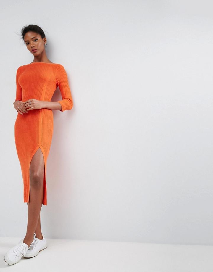 Asos Midi Dress With V Back In Rib - Pink