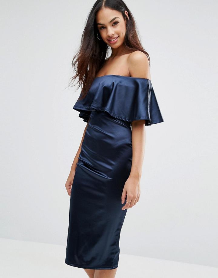 Club L Satin Bardot Midi Dress - Navy