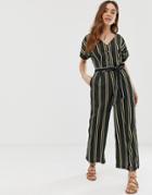 Gilli Button Front Jumpsuit With Tie Waist In Stripe - Multi