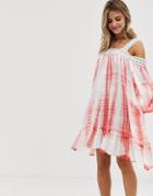 En Creme Tie Dye Smock Dress With Lace Trim Detail-white
