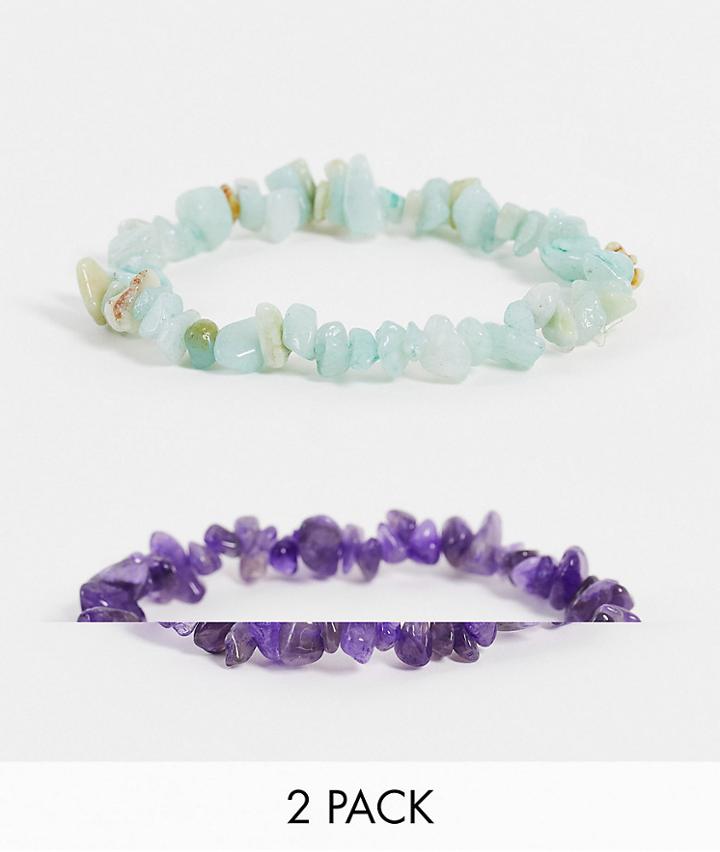 Asos Design Festival 2 Pack Beaded Bracelet Set In Semi Precious Blue And Purple Pastels Stones-multi