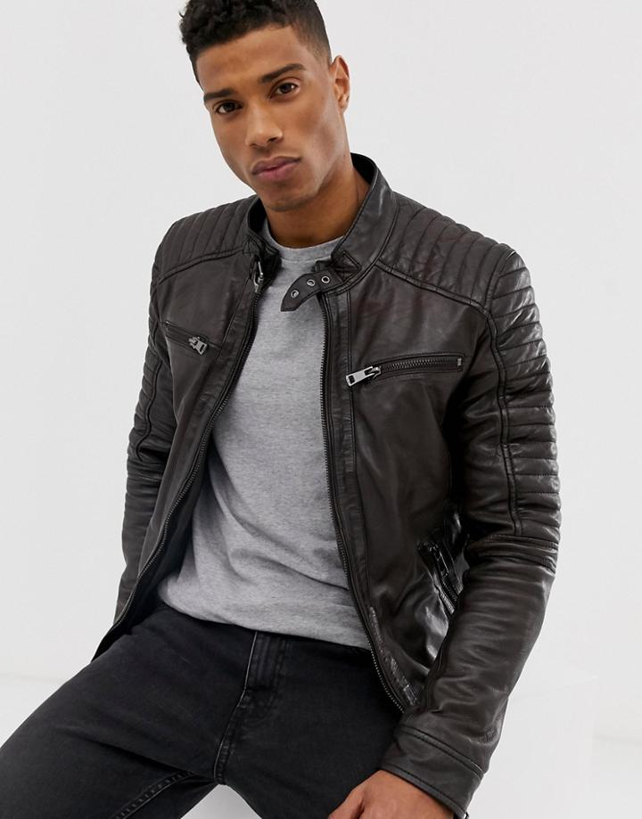 Barneys Originals Real Leather 4 Pocket Biker Jacket-brown