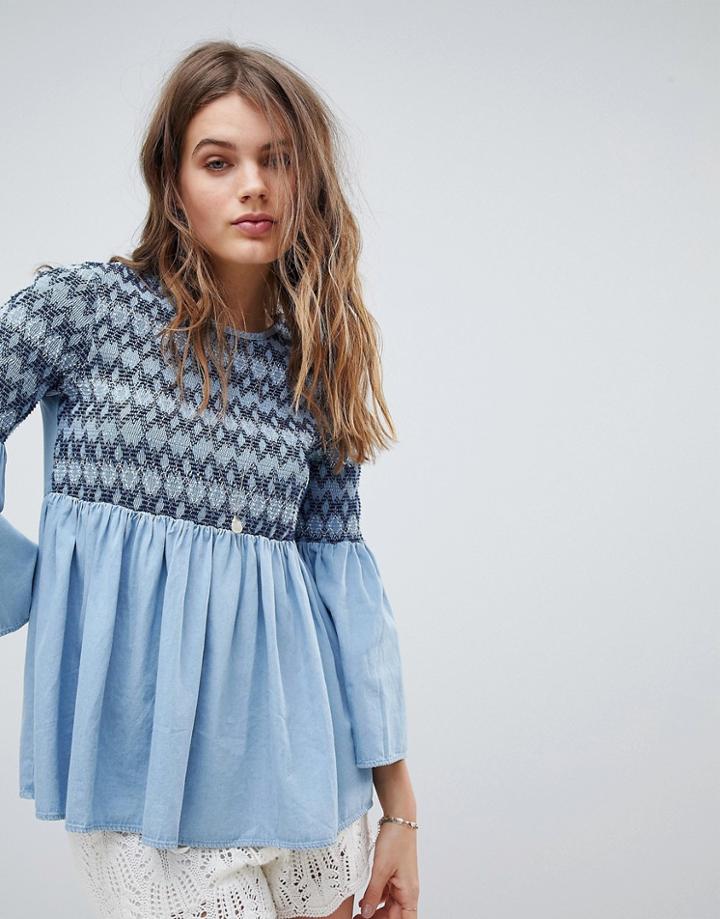 Asos Design Denim Smock Top With Sheering Detail - Blue