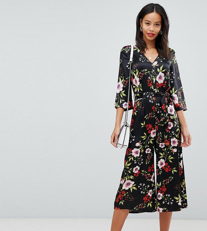 Influence Tall Floral Satin Print Jumpsuit With Tie Waist - Black