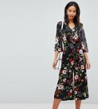Influence Tall Floral Satin Print Jumpsuit With Tie Waist - Black