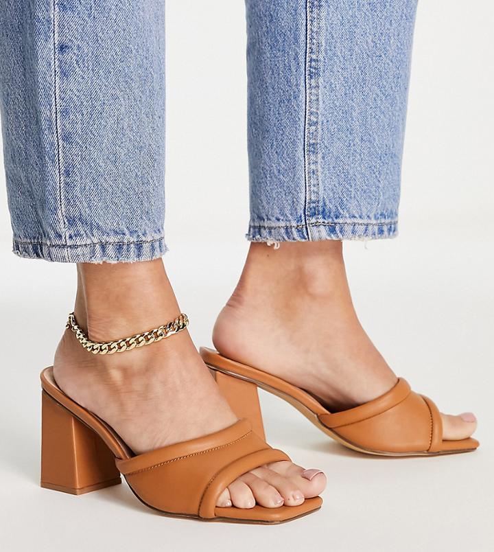 London Rebel Wide Fit Block Heel Mules In Tan-brown