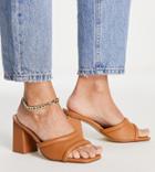 London Rebel Wide Fit Block Heel Mules In Tan-brown
