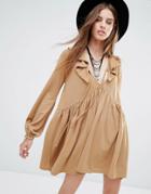 Rokoko Tie Front Smock Dress With Frill Detail - Tan