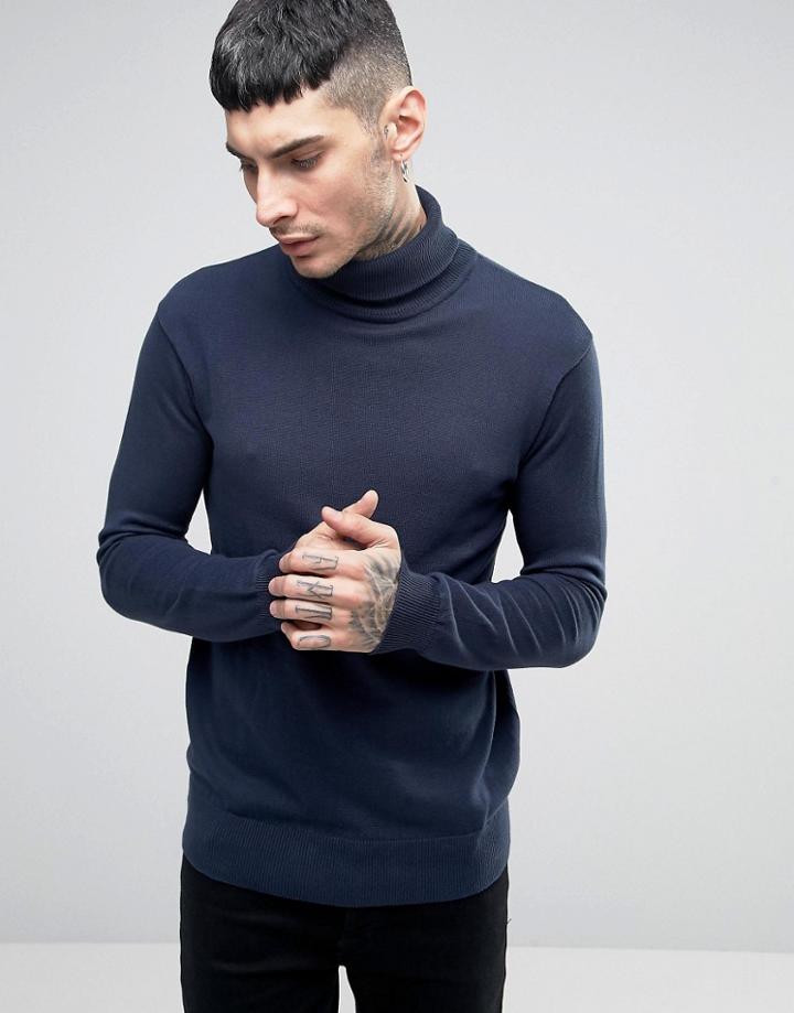 Brave Soul Roll Neck Sweater - Navy