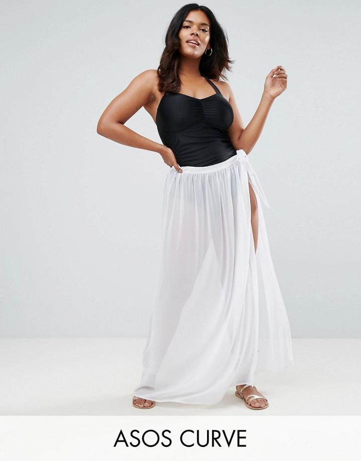 Asos Curve Maxi Chiffon Beach Sarong With Satin Tie - White