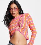 Asyou Knitted Long Sleeve Cut Out Ladder Top In Stripe Print-multi