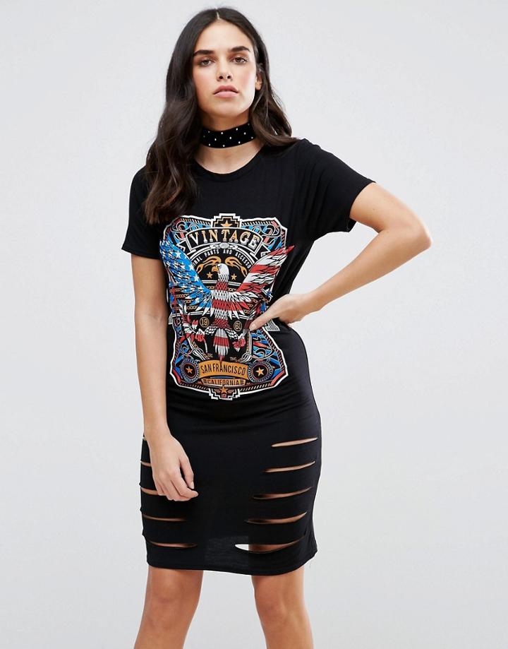 Parisian Slashed Front Band T-shirt Dress - Black