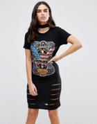 Parisian Slashed Front Band T-shirt Dress - Black