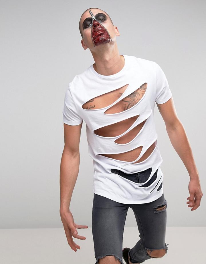Asos Halloween Longline T-shirt With Extreme Slashing In White - White