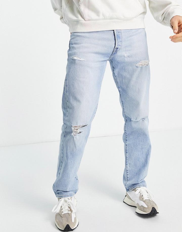Levi's 501 Straight Fit Jeans In Light Blue Wash With Rips-blues