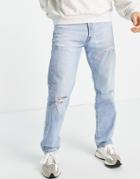 Levi's 501 Straight Fit Jeans In Light Blue Wash With Rips-blues