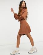 Asos Design Knitted Fit And Flare Dress With Pleat Sleeve Detail In Camel-neutral