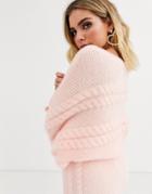 Asos Design Two-piece Off Shoulder Cable Sweater In Super Fluffy Yarn-pink
