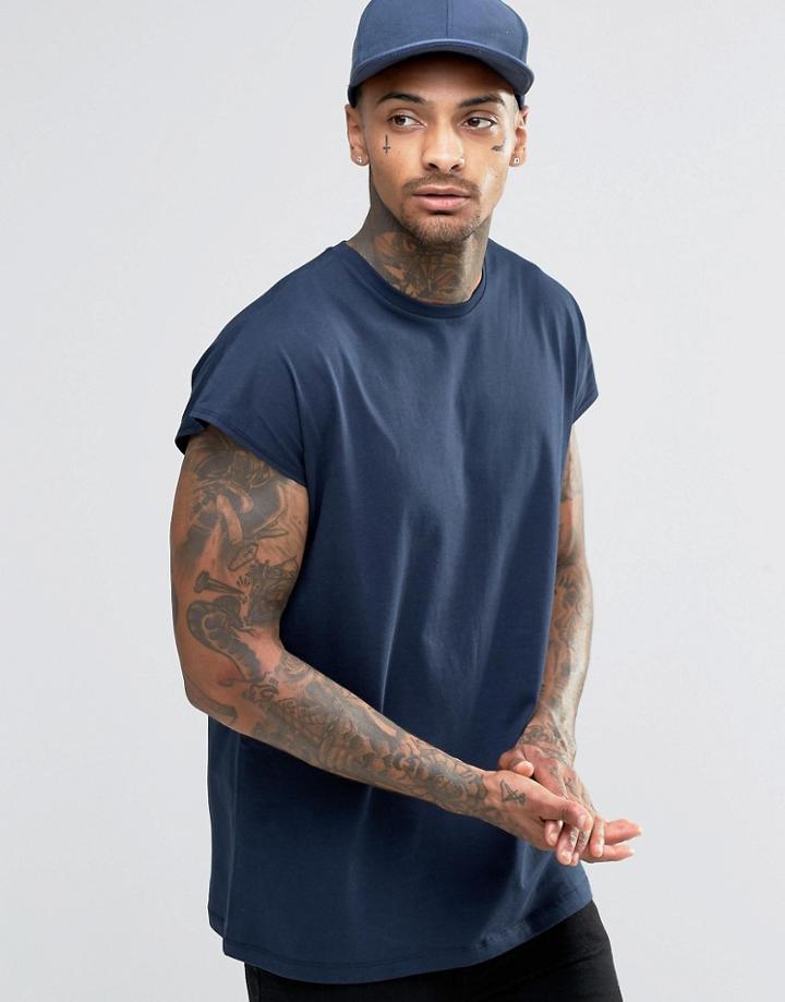 Asos Oversized Sleeveless T-shirt In Navy - Navy
