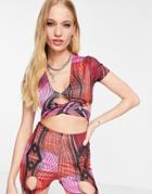Wavey Wrap Front Crop Top In Pink Snake Print - Part Of A Set-multi