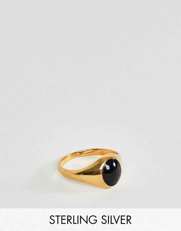 Asos Design Sterling Silver Gold Plated Ring With Black Enamel - Gold