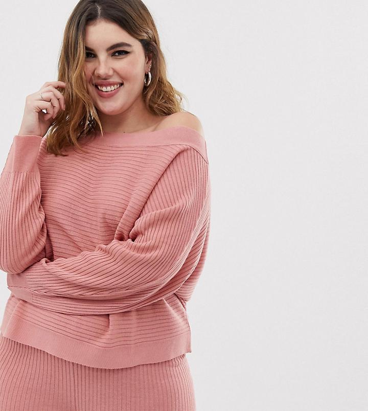 Asos Design Curve Lounge Knitted Rib Off Shoulder Sweat - Pink