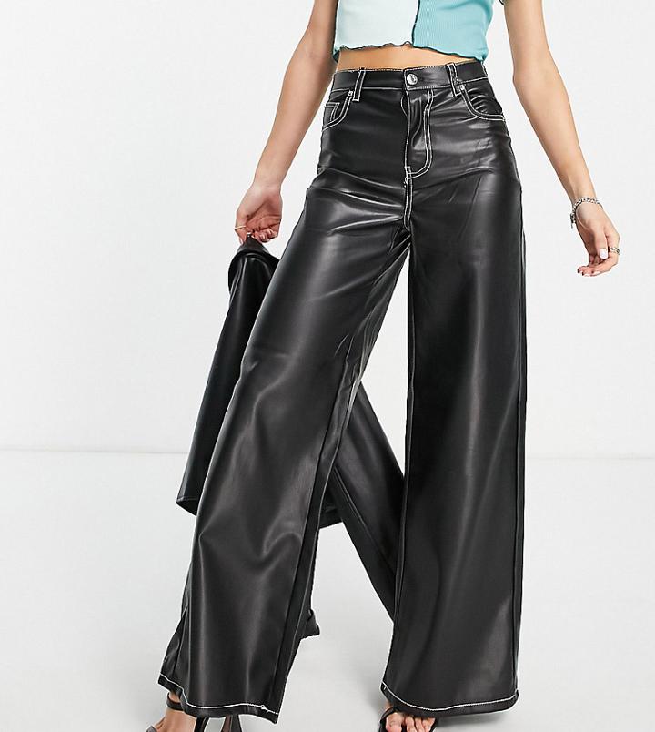 Bershka Petite Wide Leg Faux Leather Dad Pant With Contrast Seam In Black