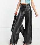 Bershka Petite Wide Leg Faux Leather Dad Pant With Contrast Seam In Black