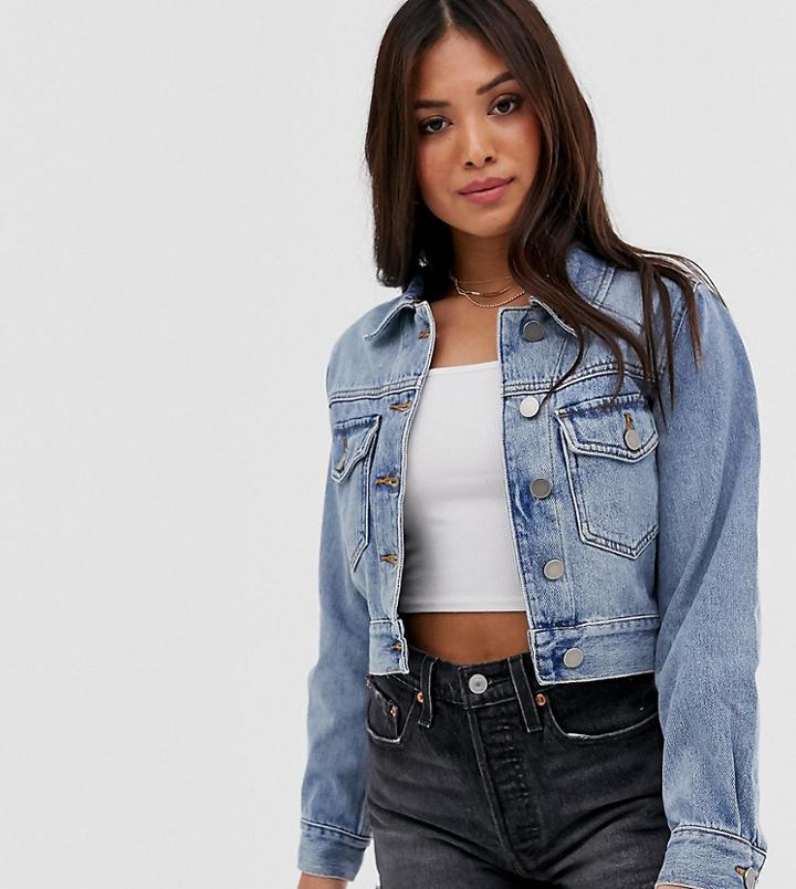 Asos Design Petite Denim Shrunken Jacket In Midwash Blue