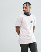 Asos Design Longline T-shirt With Cactus Embroidery And Contrast Ringer - Pink