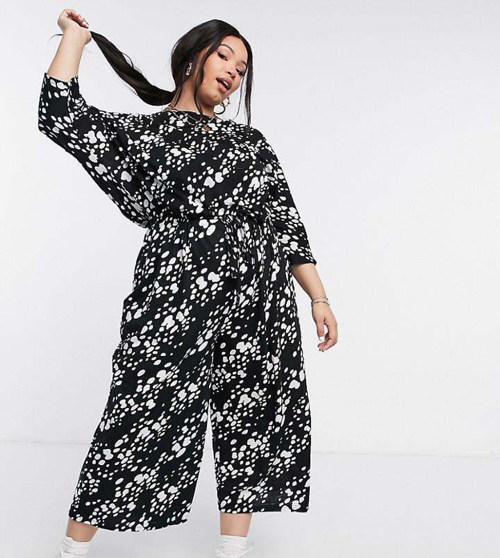 Asos Design Curve Tie Waist Jumpsuit In Irregular Mono Animal-multi