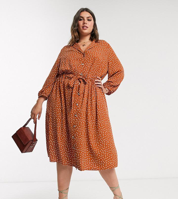 Asos Design Curve Button Through Ruched Waist Midi Dress In Rust Spot-multi