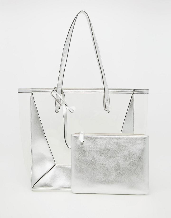 Asos Clear Shopper Bag With Removable Clutch - Silver