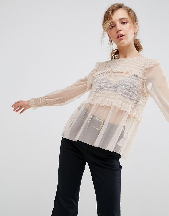 Asos Premium Smock Top In Mesh - Pink