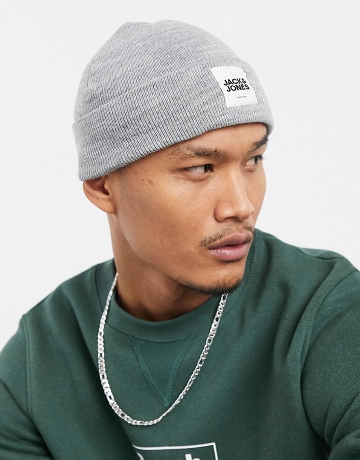 Jack & Jones Beanie With White Logo Badge In Gray Melange-grey