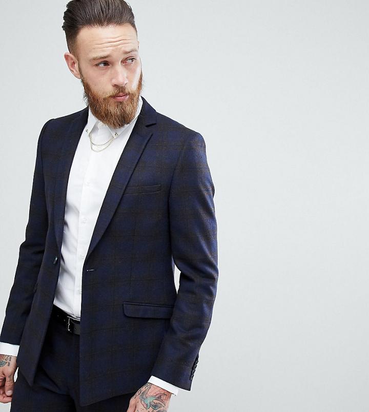 Heart & Dagger Skinny Suit Jacket In Wool Mix Check With Straight Hem - Navy