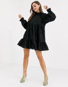 Asos Design High Neck Tiered Mini Smock Dress In Textured Organza-black