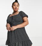 Asos Design Curve Tie Front Short Sleeve Mini Tea Dress In Mono Dot Print-multi