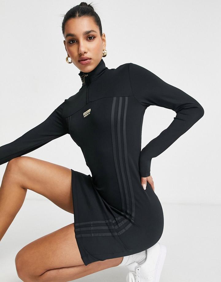 Adidas Originals Ryv Fitted Logo Quarter Zip Dress In Black