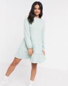 Asos Design Smock Mini Dress With Tiered Hem With Long Sleeves In Mint-green