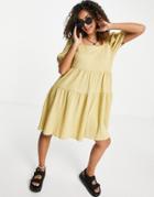 Pieces Mannie Puff Sleeve Tiered Smock Dress In Hemp-brown