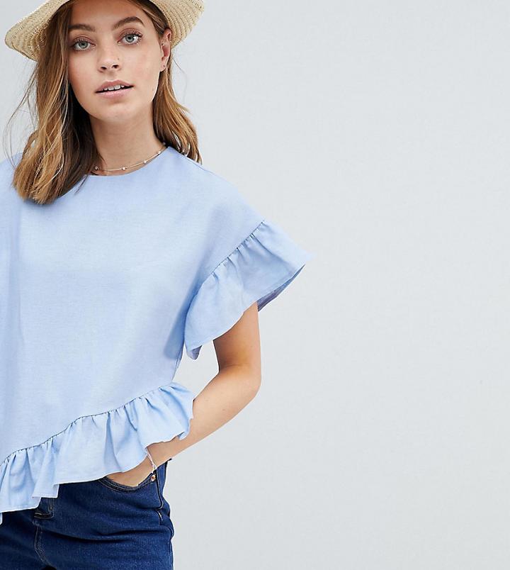 Asos Design Petite Asymetric Ruffle Hem Tee In Linen - Blue