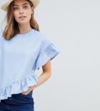 Asos Design Petite Asymetric Ruffle Hem Tee In Linen - Blue