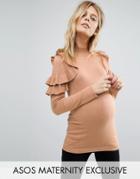 Asos Maternity Sweater With Ruffle Shoulder - Tan