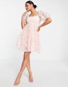 Lace & Beads Tulle Mini Smock Dress In Pink Daisy Print