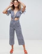 Asos Design Tea Jumpsuit With Cut Out And Tie Detail In Linen In Gingham - Green