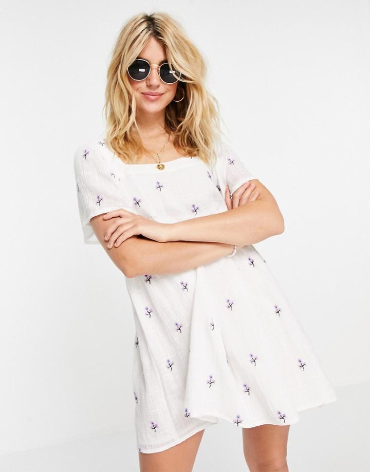 Pull & Bear Floral Mini Smock Dress In White